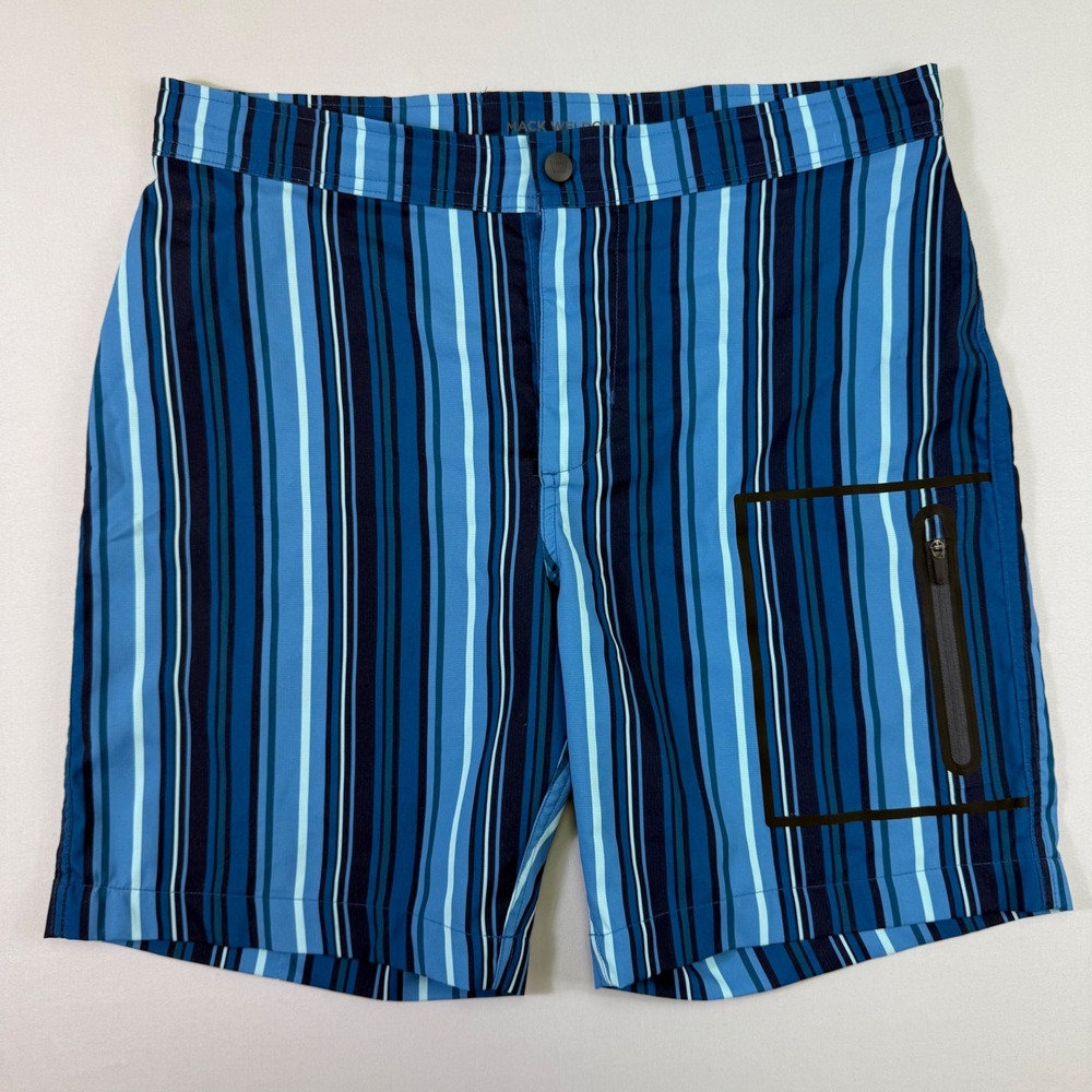 Mack Weldon Board Shorts Mens 33/34 Blue Striped Stretch Swim Trunks Zip Pockets